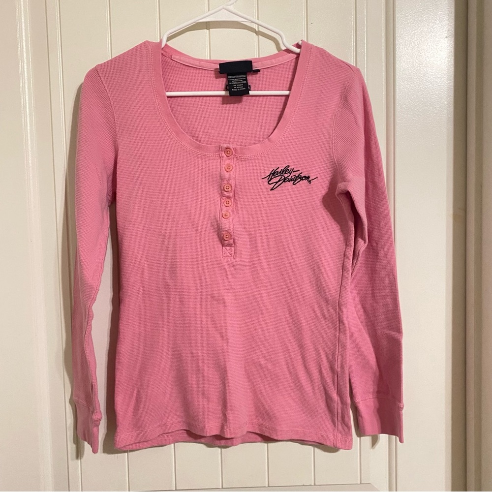 Vintage Harley Davidson Pink Long Sleeve Tee with bedazzled design